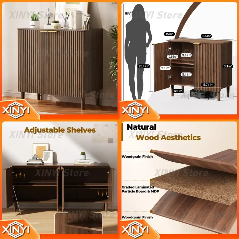 Modern Light Luxury Walnut Dining Side Cabinet with Vertical Texture and Metal Handle for Small Apartment Retro Storage
