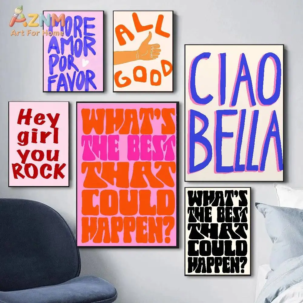 AZNM Retro Bold Color Typography Canvas Print Positive Quote Ciao Bella Motivational Phrase Trendy Dorm Bedroom Wall Poster Unfr