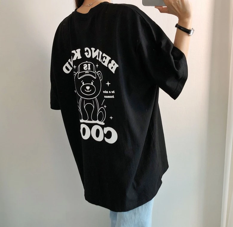 Women Men Retro Cap Bear Graphic Tees BEING KIND IS COOL Letter Star Print Loose Casual Short Sleeve Summer Black Unisex Tops