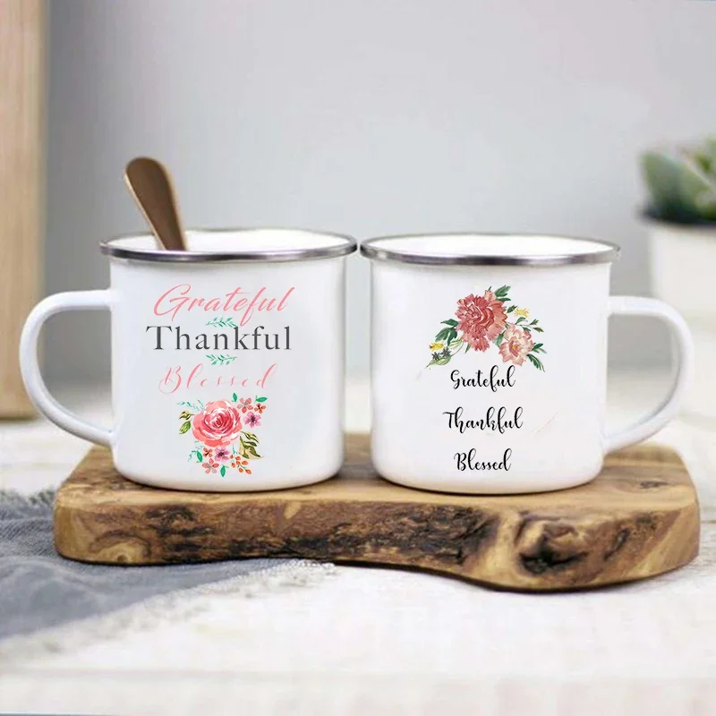 Grateful Thankful Blessed Print Creative Enamel Mugs Coffee Cup Thanksgiving Party Wine Juice Mug Dessert Milk Handle Cup Gifts