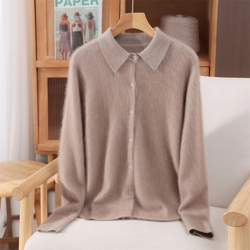 Autumn Winter Women's 100% Pure Mink Cashmere Sweater with Peter Pan Collar and Buttons Preppy Korean Casual Solid Color Knit