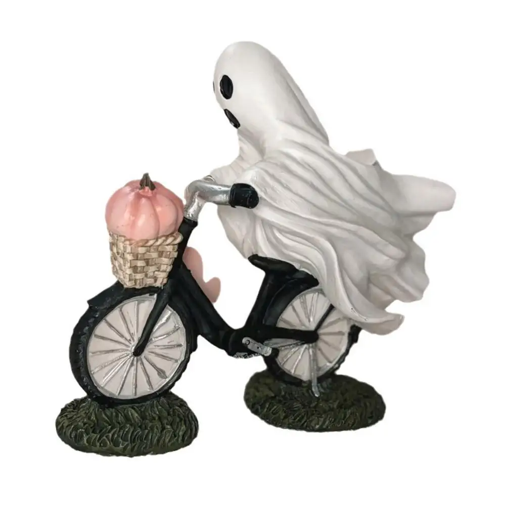 Ghost Bike Rider Met Roze Pompoen Halloween Decor, Schattig Home Ghost Bike Decoratie Beeldje Halloween Op Tafelblad Roze Pum V3i6