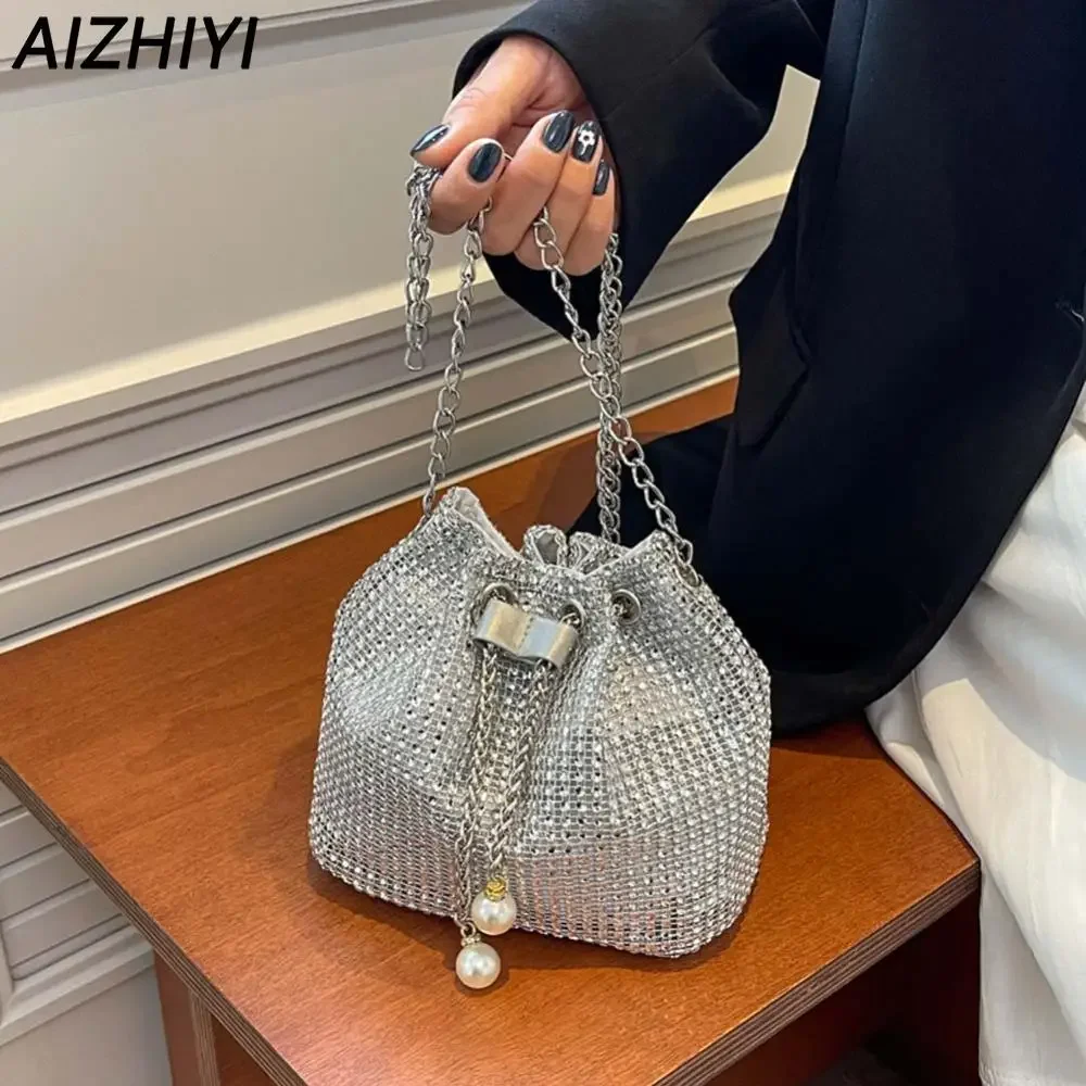 Fashion Evening Bag for Women Shiny Crossbody Bag Bling Rhinestone Bucket Shoulder Messenger Bags Ladies Glitter Handbag Purse