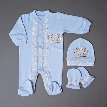 Original reino unido príncipe me take home outfit bebê coroa jóias conjunto batismo bling outfit rubybelleb luz azul 3 pçs layette swaddle conjunto