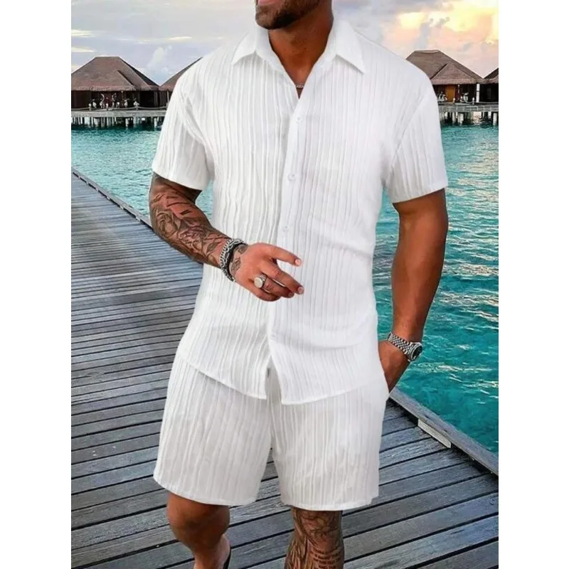 

New style Summer Men's Fashion Beach Suit Outdoor Sports Casual Shirt Solid color Loose Short Sleeve Shorts Beach two-piece