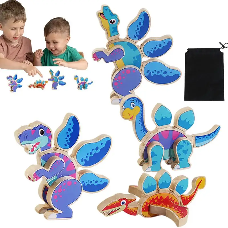 Wooden Dinosaur Blocks Magnetic 3D Wood Puzzles For Kids With Storage Bag 4X Animal Building Blocks Puzzles Early Education