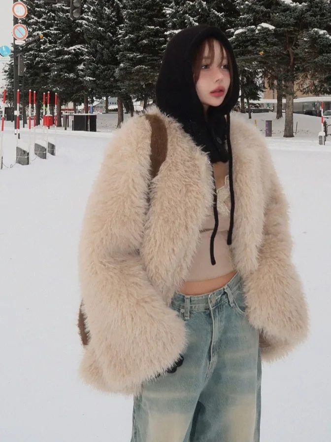 

Korean Sle Long Faux Fur Coat Women's Winter Warm Fluffy Outerwear Faionable Design Soft Leather like Material