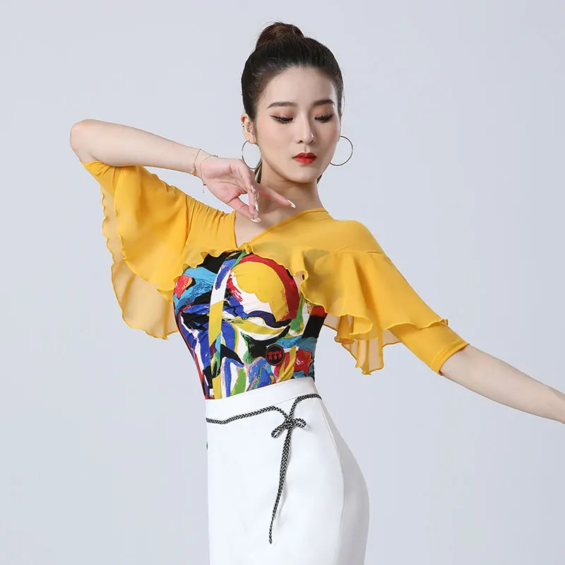 Doubl Latin dance blouse new fashion printing mesh yarn stitching back ballroom dance social dancewear dress