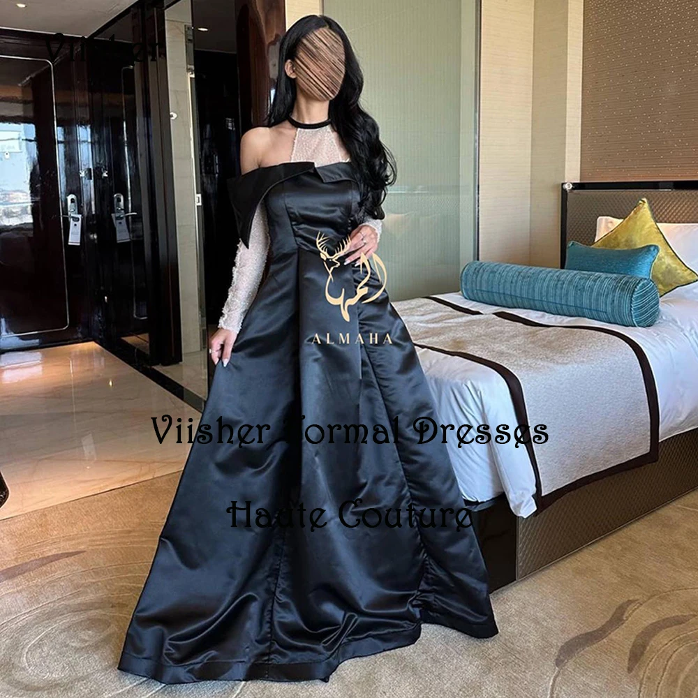 

Black Satin Evening Dresses for Women Satin A Line Arabic Dubai Prom Dress with Train Long Formal Evening Gowns 2024