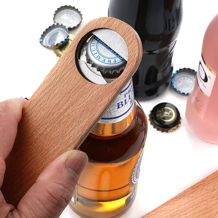 15Pcs Hotel Flat Board Speed Bottle Opener Home Beer Cap Wooden Cover Stainless Steel