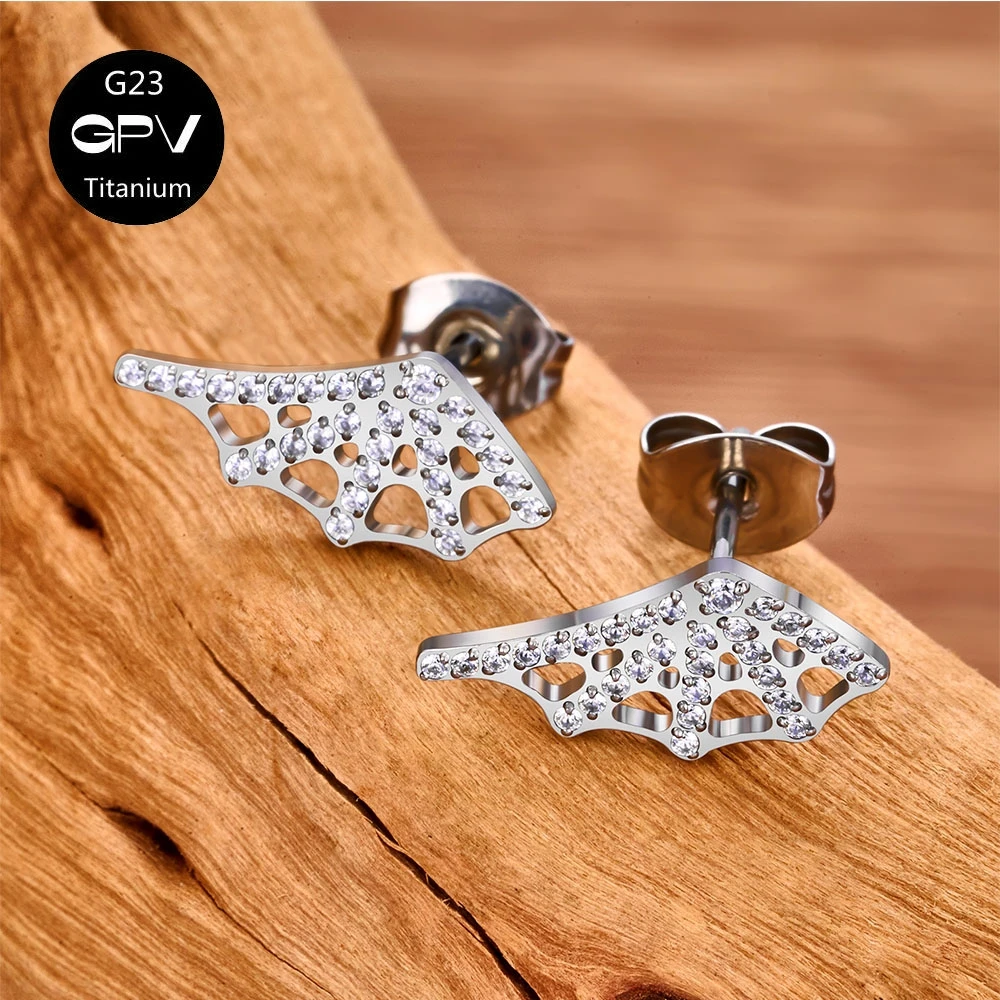 Wholesale ASTM G23 Titanium Earrings With Butterfly Buckle Luxury ZC Spider Web Fan Perforated Jewelry Ear Bone Studs