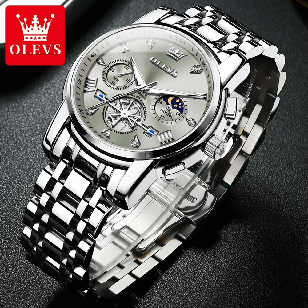 OLEVS Mens Watches Top Brand Luxury Tourbillon Quartz Watch for Men Stainless Steel Waterproof Fashion Chronograph WristWatches