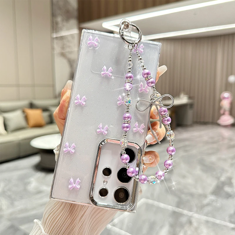 Luxury Glitter Bow Pearl Bracelet Cover Case For Samsung Galaxy S25 Ultra S24 FE S23 S22 Plus A13 A14 A15 A16 A25 A35 A55