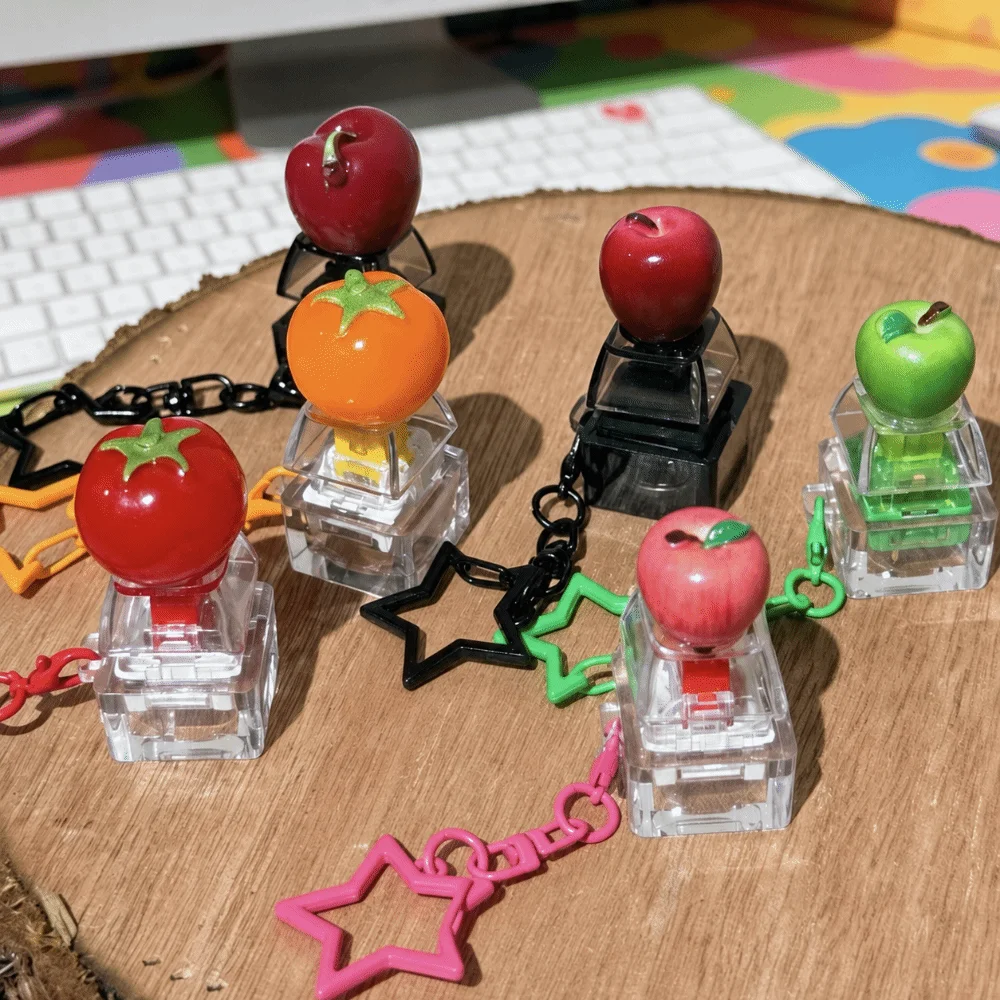 Cartoon Fruit Keycap Fidget Toy Keychain Silent Axis Mute Keyboard Key Finger Fidget Toy Single Key with Light Keyring Pendant