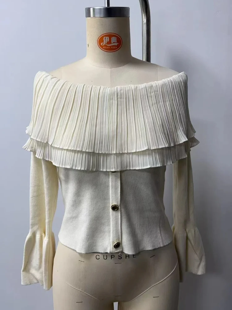 

Knit Off Shoulder Pullover Women Solid Long Flare Sleeve Ruffle Buttons Slim Sweater 2025 Fashion Lady Solid Knitwear