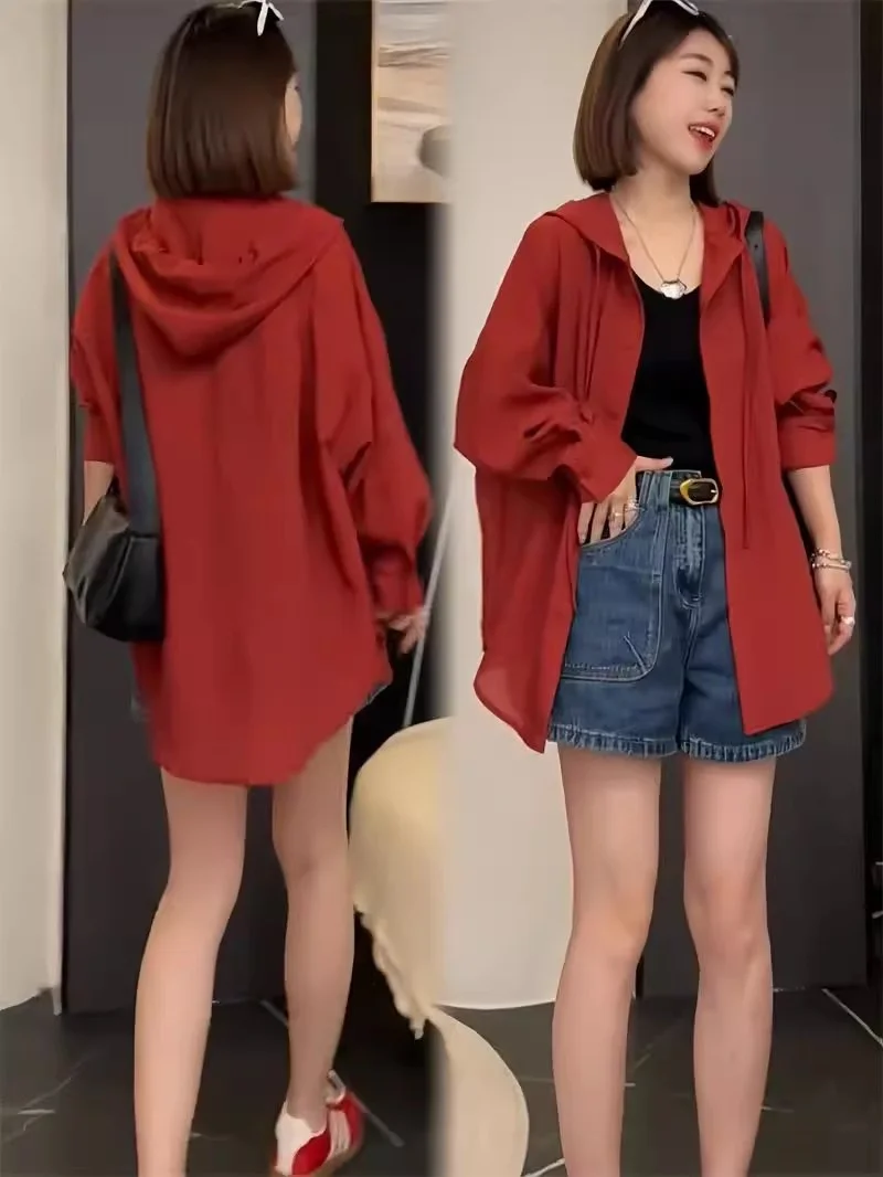 

Solid Color Thin Casual Hooded Sun Protection Shirt Jacket for Women 2024 Summer Design Loose Fitting Air-Conditioned Shirt Top