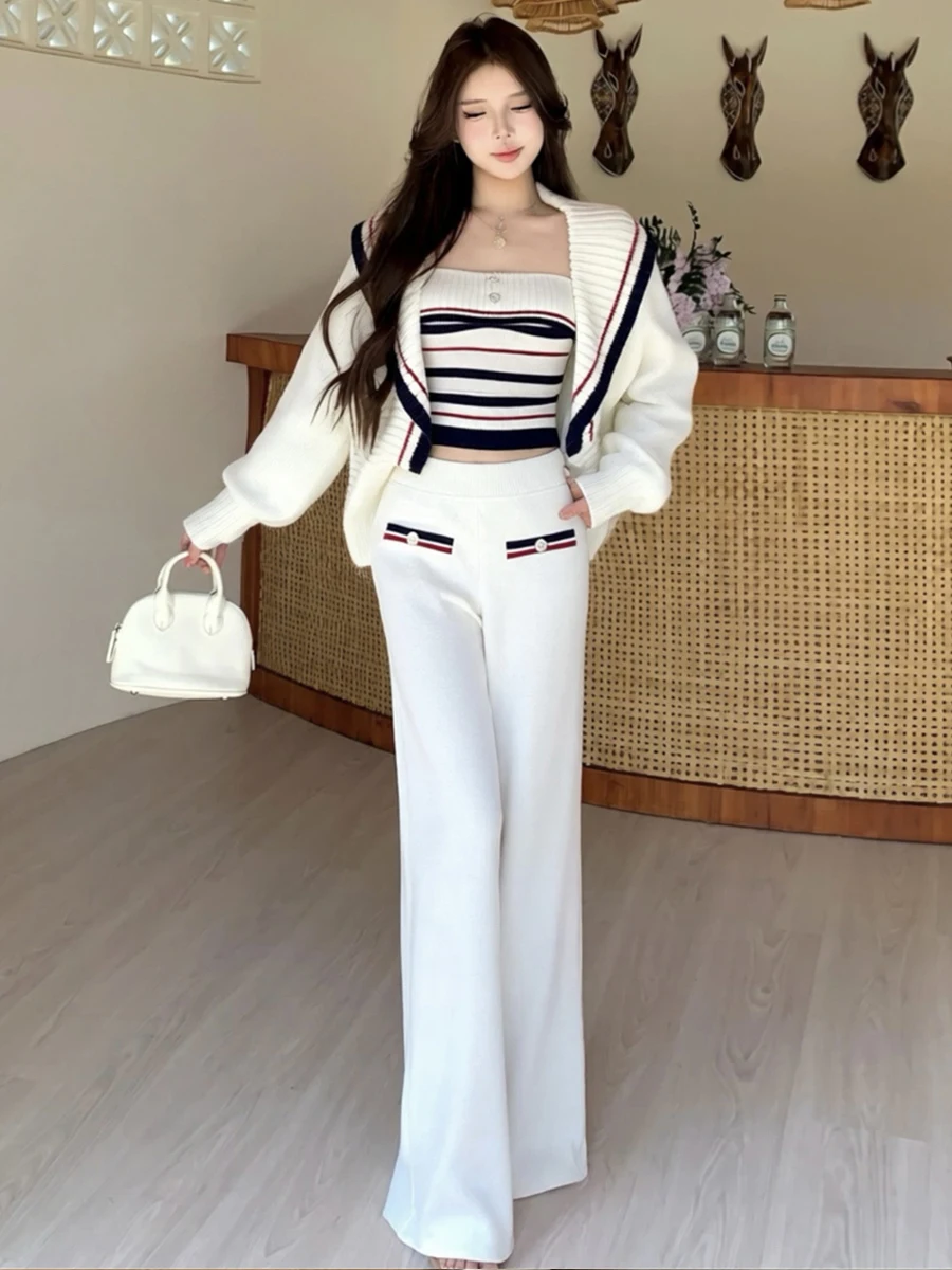 American Pure Desire Fashion Striped Color Block Design Cardigan Outerwear High Waist Slimming Pants Three Piece Set