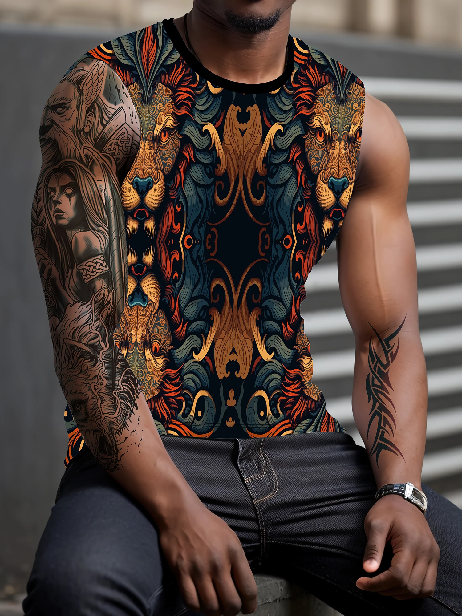 New Retro Men\'s Sleeveless T-shirt 3D Printed Spring/Summer Round Neck Sports Running Leisure Fitness Outdoor Polyester Tank Top