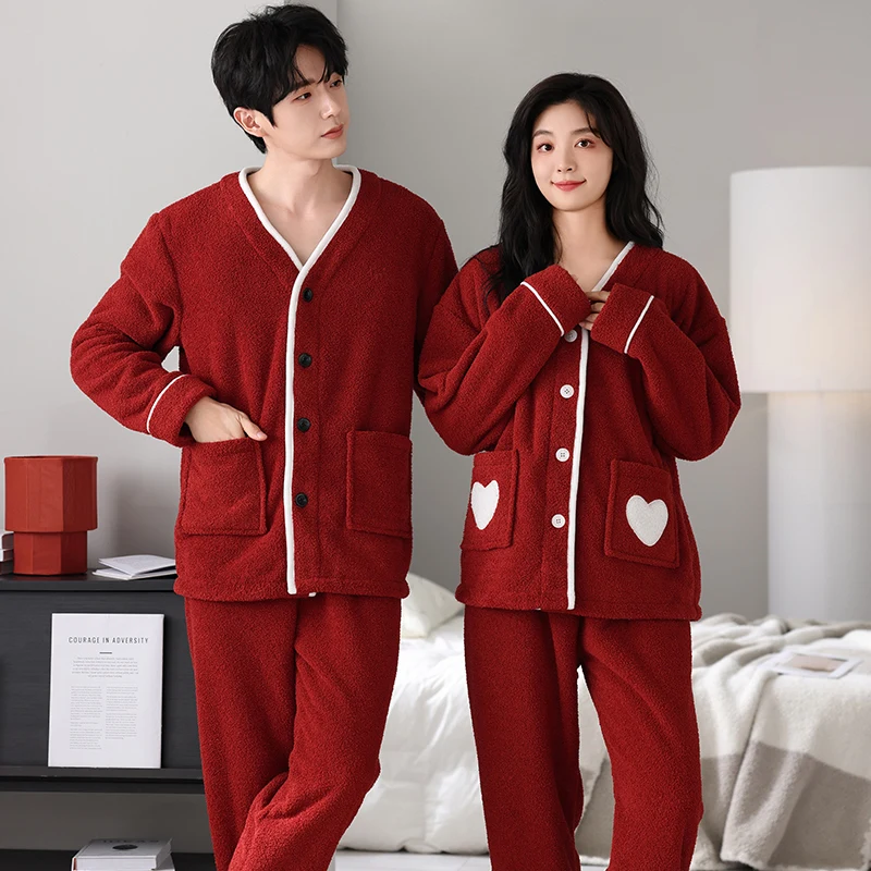 Couple Pajamas Set Women Men Warm Fleece Pijama Winter Solid Sleepwear Lovers Kimono Home Clothing