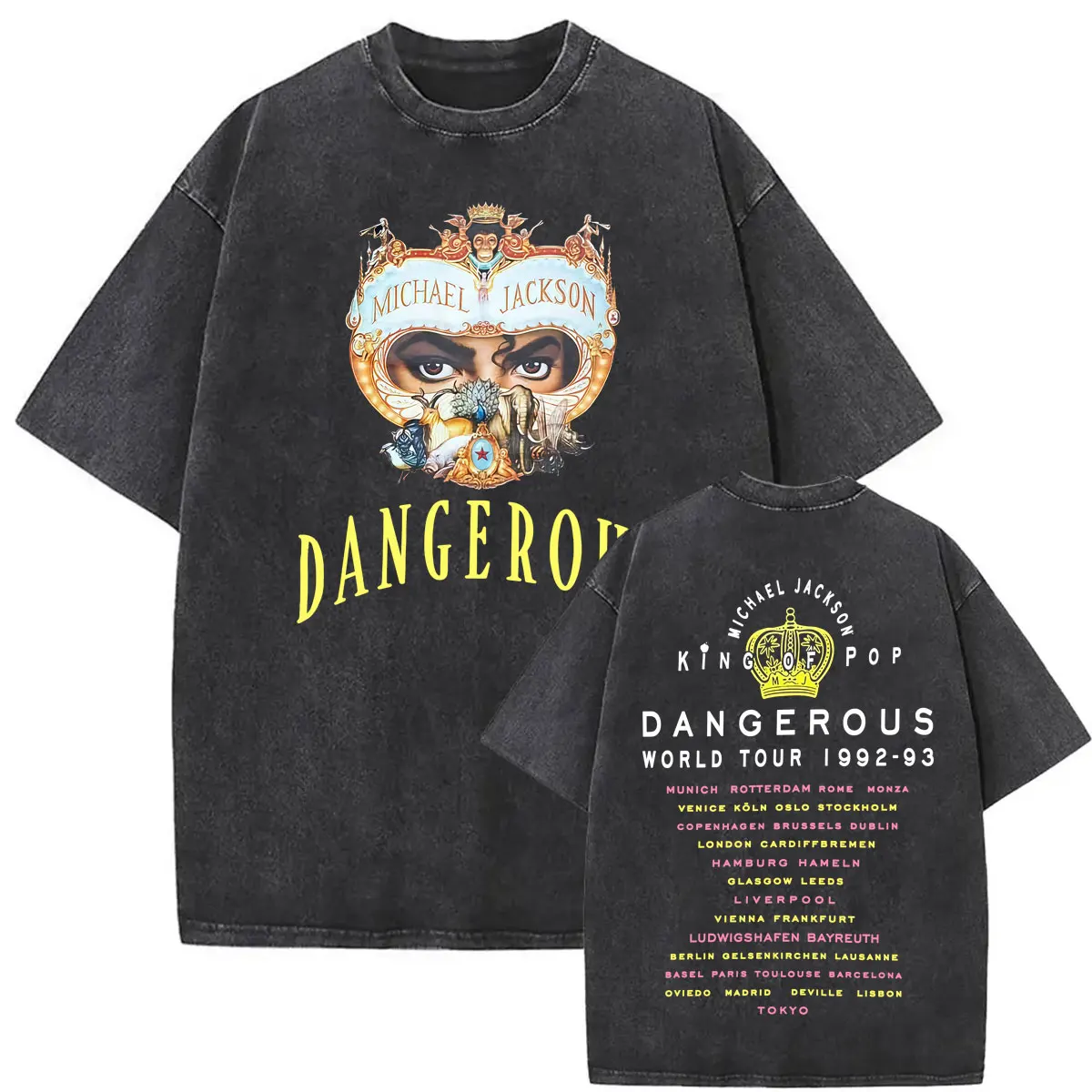 Vintage Washed King of Pop Michael Jackson Dangerous World Tour T Shirts Men Women Harajuku Hip Hop Casual Short Sleeve T-shirts