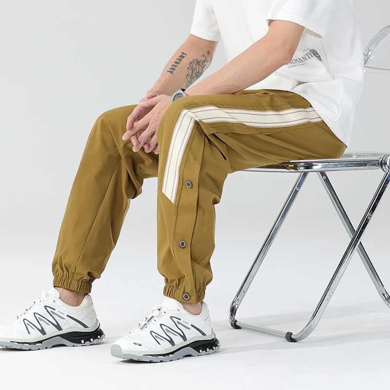 

Summer Men's Casual Pants with Side Stripe Buckle Running Shorts Loose Quick-drying Men's Tide Ice Cool Tied Foot Pants