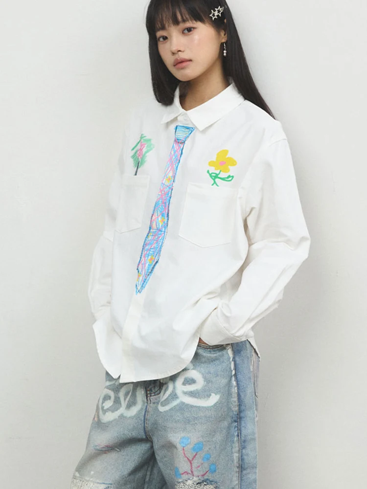Cute Hand Painted White Shirt Women Vintage Preppy Style Long Sleeve Fall Blouse Japan Causal Retro Pockets Female Kawaii Tops