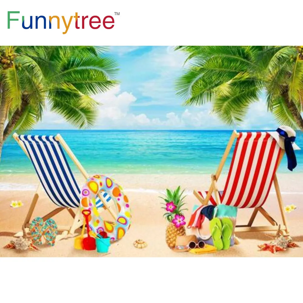 

Funnytree Summer Aloha Beach Background Chair Tropical Birthday Party Holiday Seaside Swimming Ring Beach Photocall Backdrop