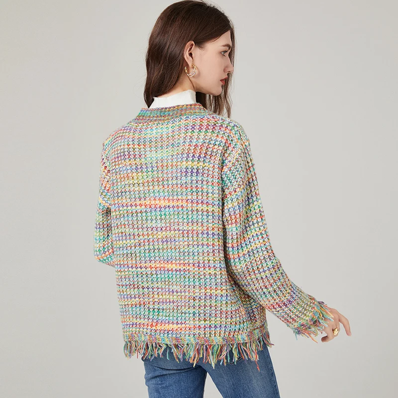 Autumn Winter New Arrivals Long Sleeve V Neck Single Breasted Buttons Rainbow Colorful Loose Tassel Knitted Cardigant Coat