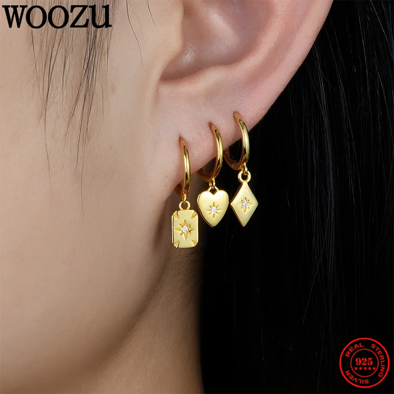 WOOZU New 925 Sterling Silver Europe Simple Love Rectangular Rhomboid Geometric Zircon Earring for Women Metal Loop Jewelry Gift