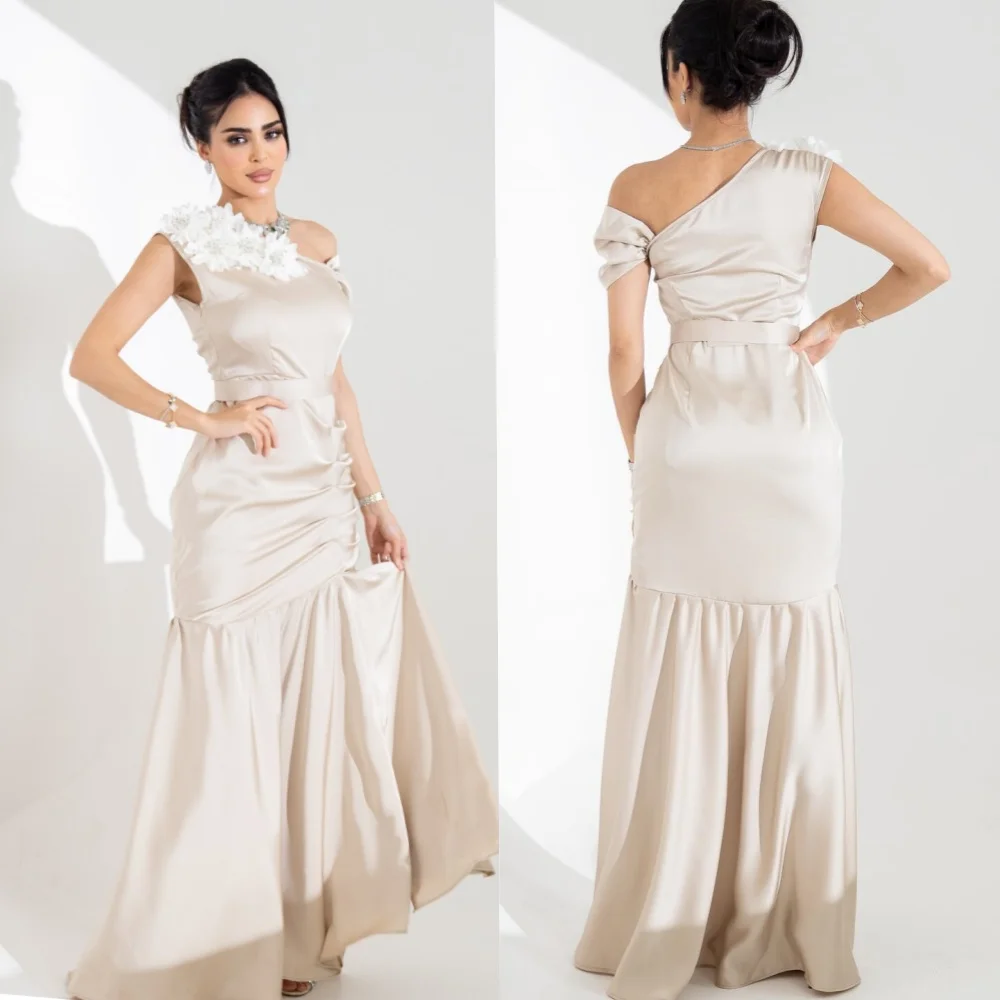 ที่กําหนดเองคุณภาพสูงชุดราตรีดอกไม้ Draped Pleat Beach A-Line Off-the-shoulder Bespoke โอกาสชุดยาวชุด