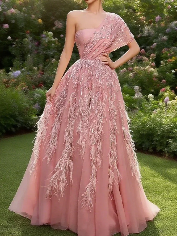 

Sleeveless Gorgeous Backless Robes Luxury Feather One Shoulder A-line Tulle Prom Dress Customized