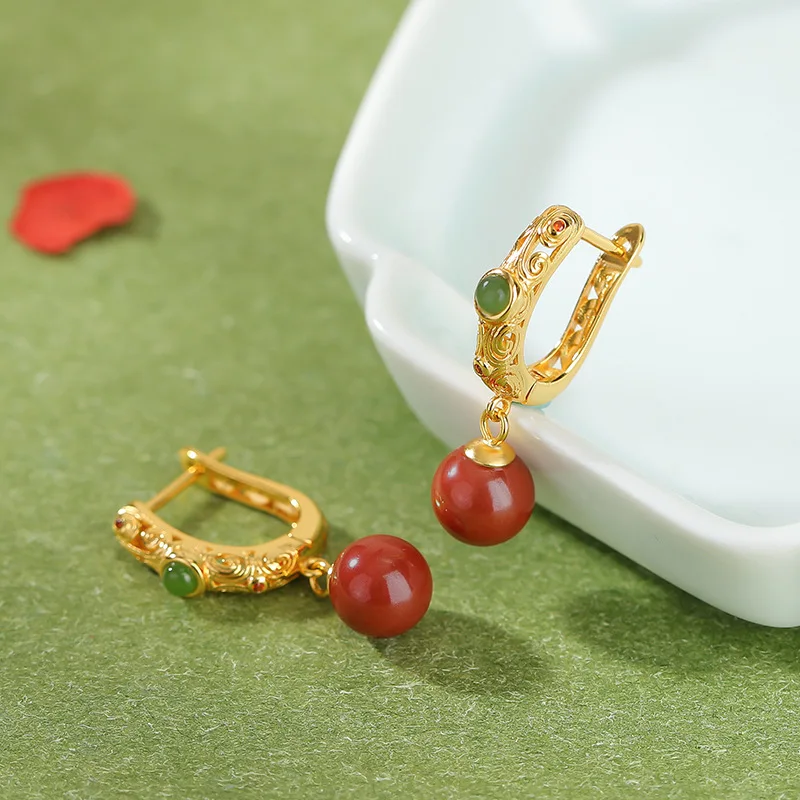 S925 Sterling Silver Gold-Plated Hetian Jade Imperial Sand Round Bead With Scroll Pattern New Style Ear Clip