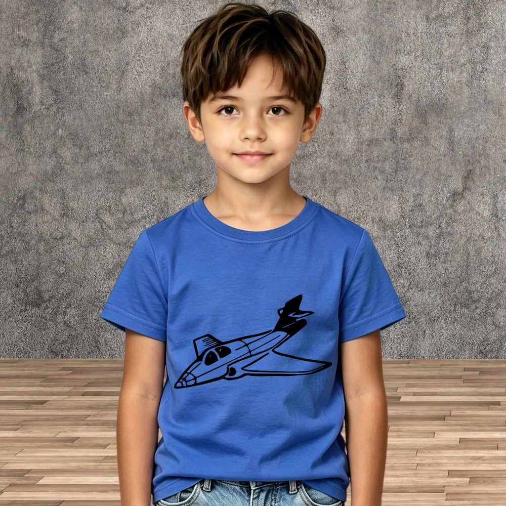 Kids Crew Neck Soft Tops Children Airplane Printed Cotton Short Sleeve Summer Tees Boys Girls T-Shirt