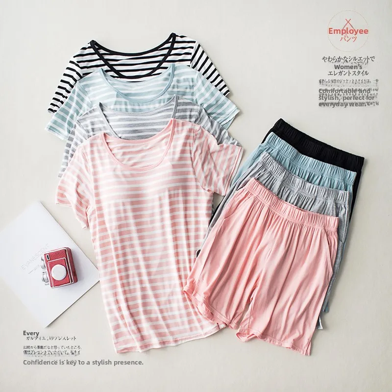 

Women's Modal Short Sleeve Sleepwear Set Integrated Design Chest Pad Half Sleeve Striped Loose Fit Comfortable Nightgown
