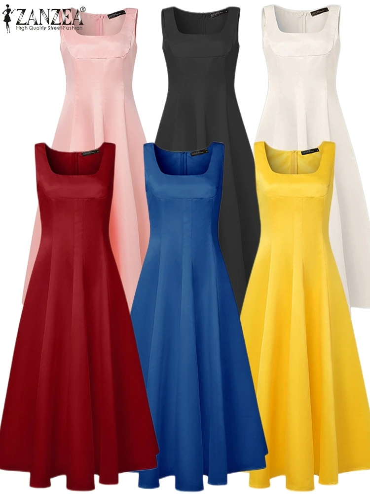 女性ファッション 6 色サテンカクテルパーティーロングドレス ZANZEA エレガントなスクエアネックノースリーブ A ラインイブニングドレス女性のための
