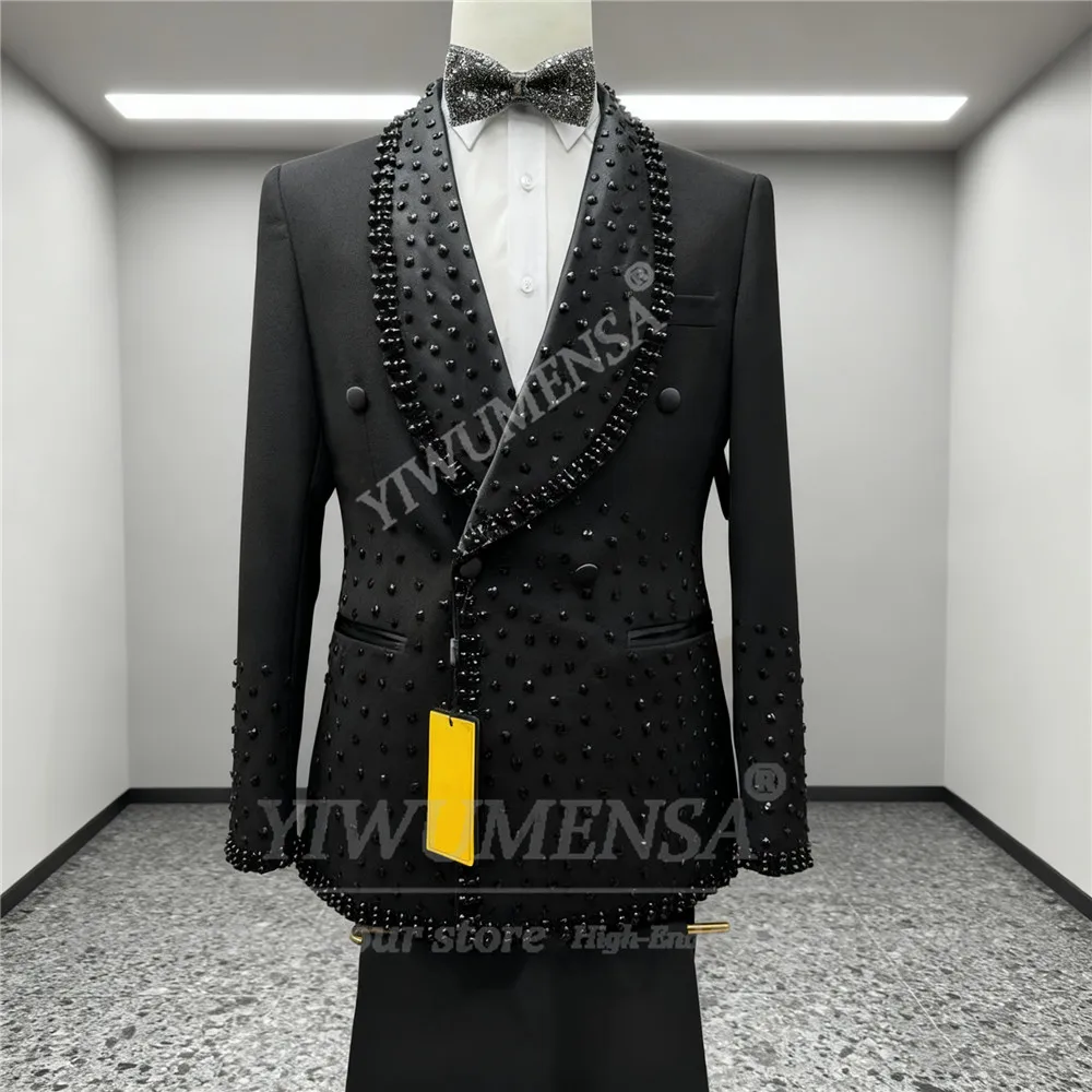 الراين مطرز دعوى الملابس للرجال 2 قطعة مجموعات مزدوجة الصدر سترة السراويل مخصصة العريس الزفاف البدلات الرسمية الذكور الحلل