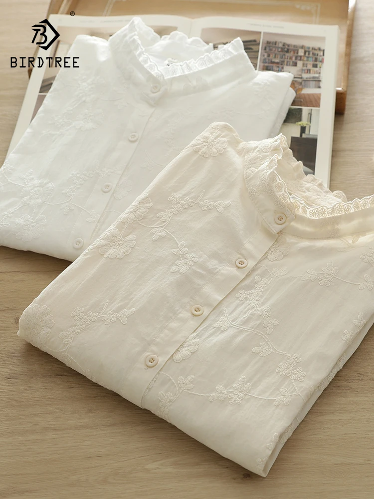 New Autumn Cotton Embroidery Ruffles Shirt, Women French Tops Long Sleeve, Mori Girl Loose Stand Blouses, 2024 Winter T49203KC