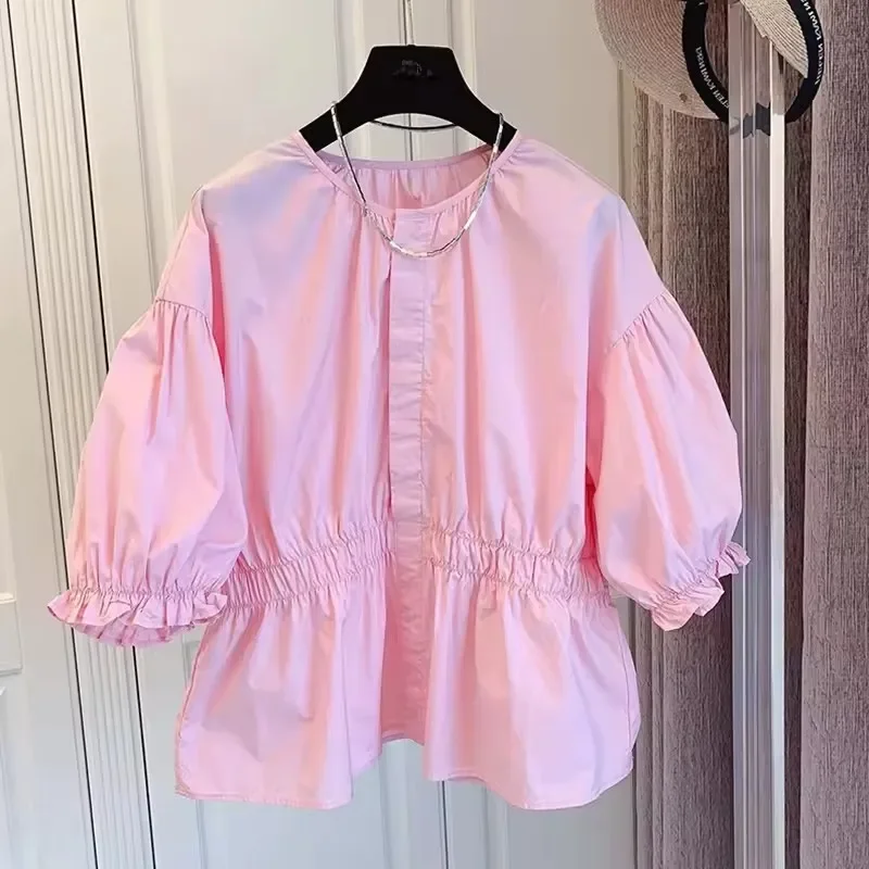 

Pop Pop Korean Pleated Bubble Sleeve Shirt Women's Loose Doll Top 2025 New Round Neck Short Sleeve Blouse Commute Pure Coat