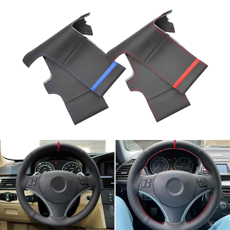 Interior Microfiber Leather Hand Sewing Steering Wheel Cover Trim With Strip For BMW E90 320i 325i 330i 335i E87 120i 130i 120d