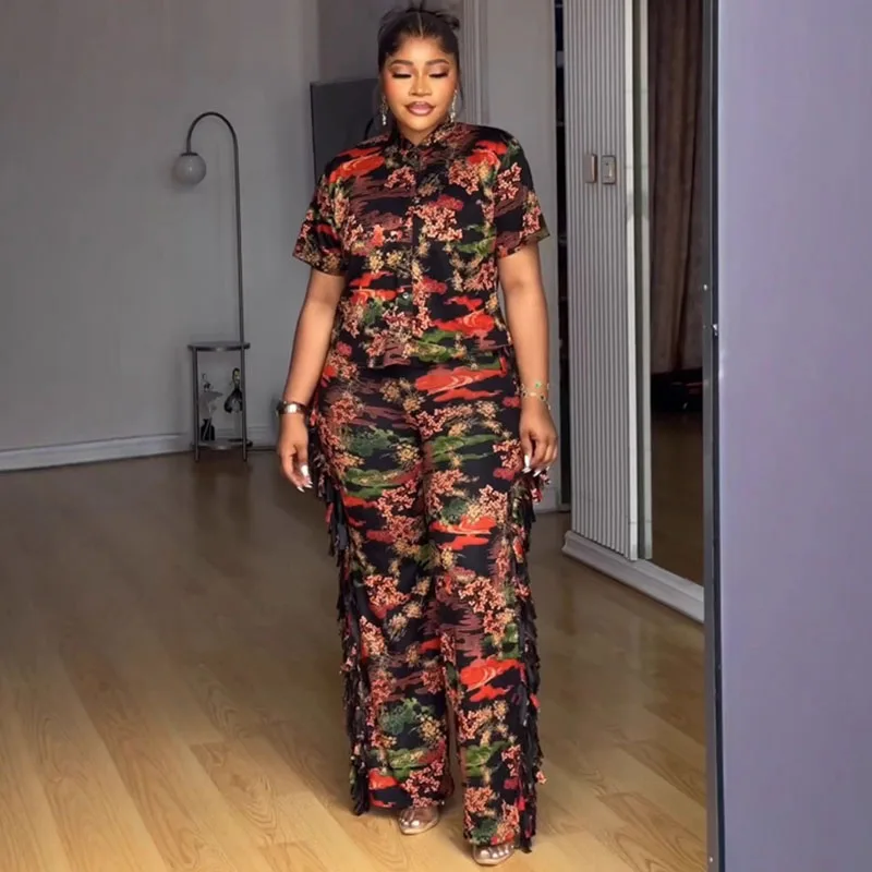 

Doyerl Print Summer Outfits for Women 2 Piece Set Y2K Club Turn-down Collar Button Up Shirt Top and Tassel Pants Matching Sets