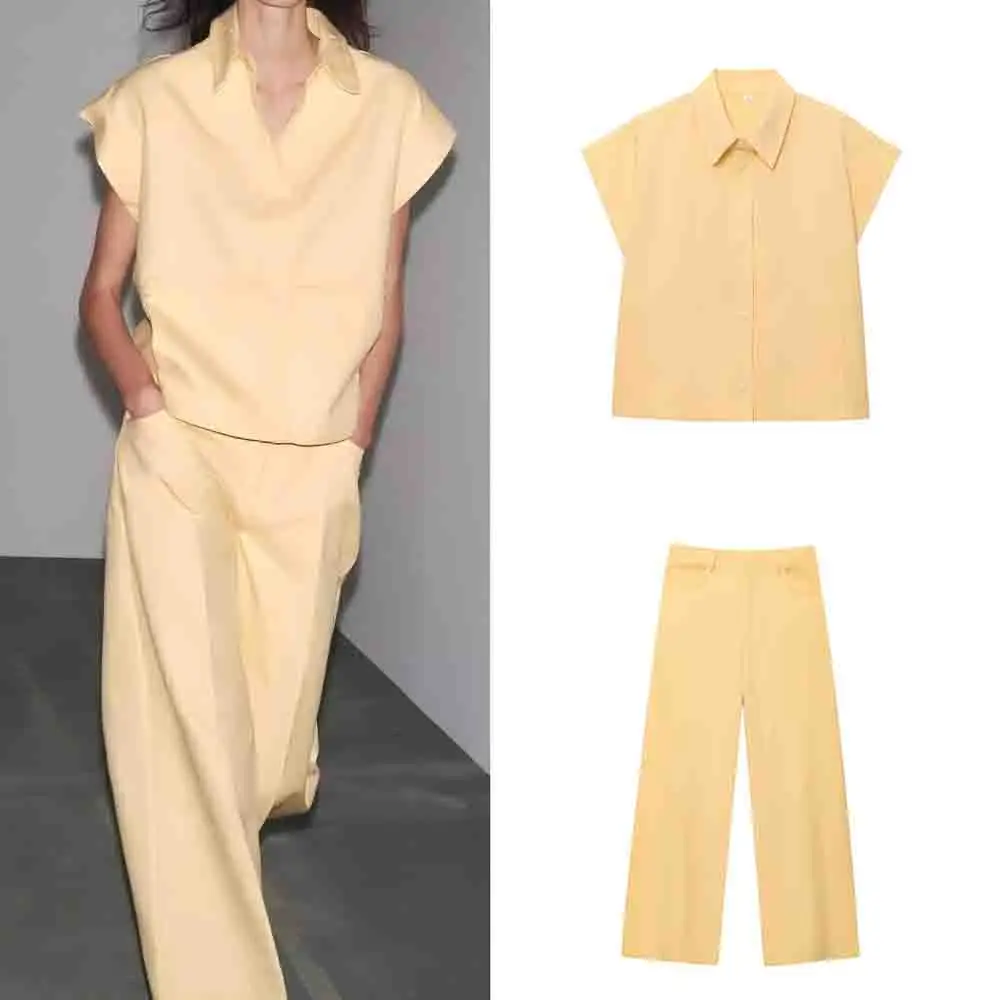 

Women's new fashion solid casual versatile short sleeved shirt retro lapel Button-up women's shirt chic top+Pants suit