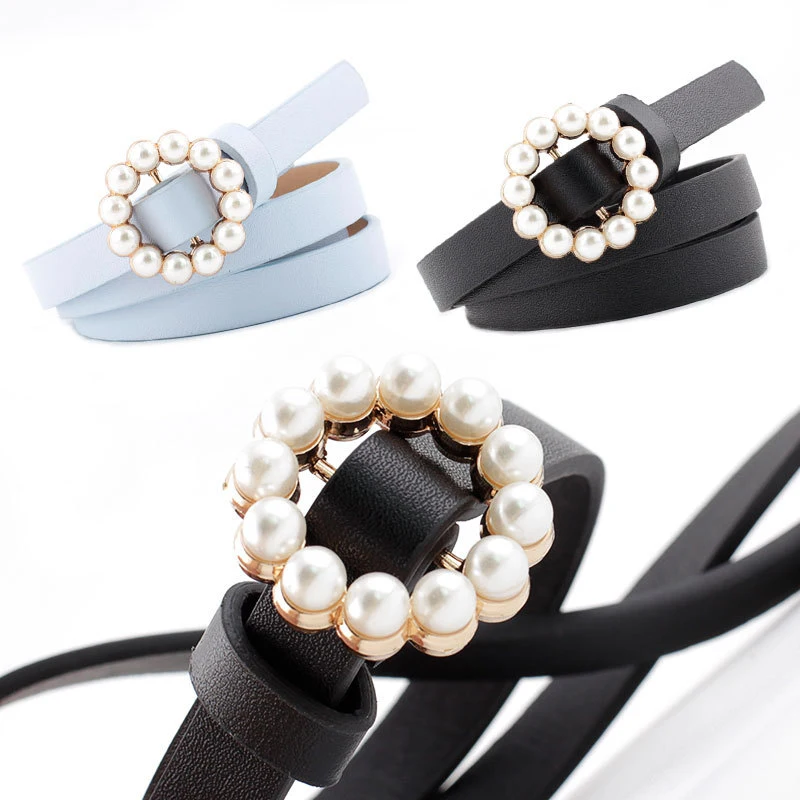 

1Pc Women Fashion PU Pearl Belt Versatile Leather No-Hole Waistband Round Buckle Jeans Dress Clothing Accessories