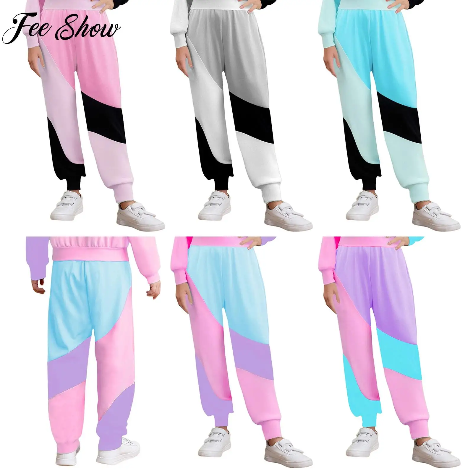 

Children's Color Block Patchwork Sports Pants Girls Elastic Waistband Sweatpants for Workout Running Gym Sportswear Outdoor Wear