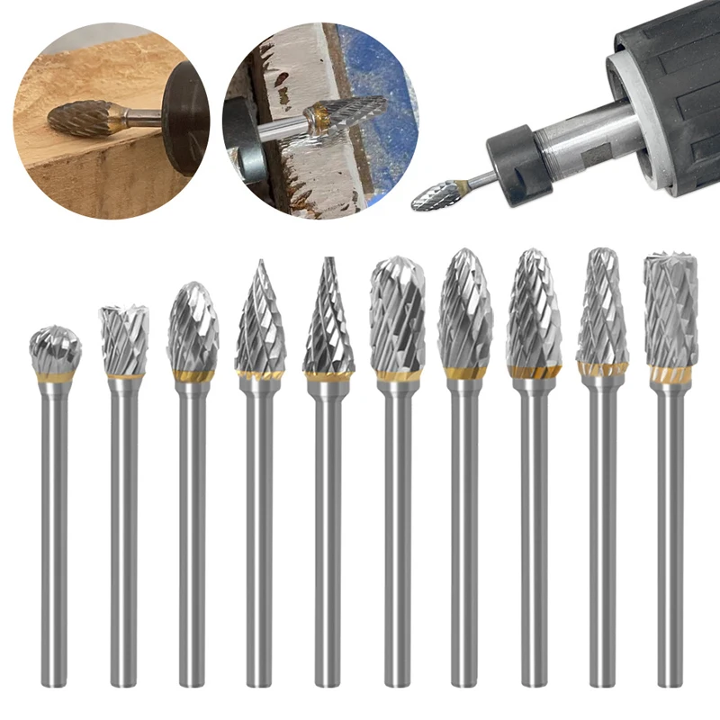 

New 10 pcs 1/8" Shank Tungsten Carbide Milling Cutter Rotary Tool Burr Double Diamond Cut Rotary Dremel Tools Electric Grinding