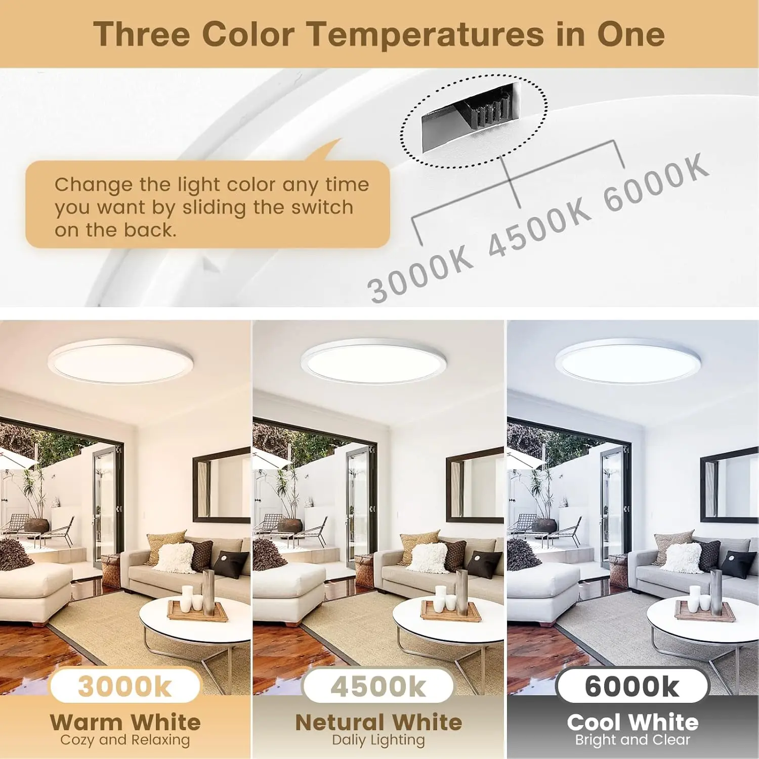 6-pak 3200Lm 12-calowe lampy sufitowe LED do montażu podtynkowego, ściemnialne oprawy sufitowe, 3000K 4500K 6000K Cct, 24W Super Slim Low