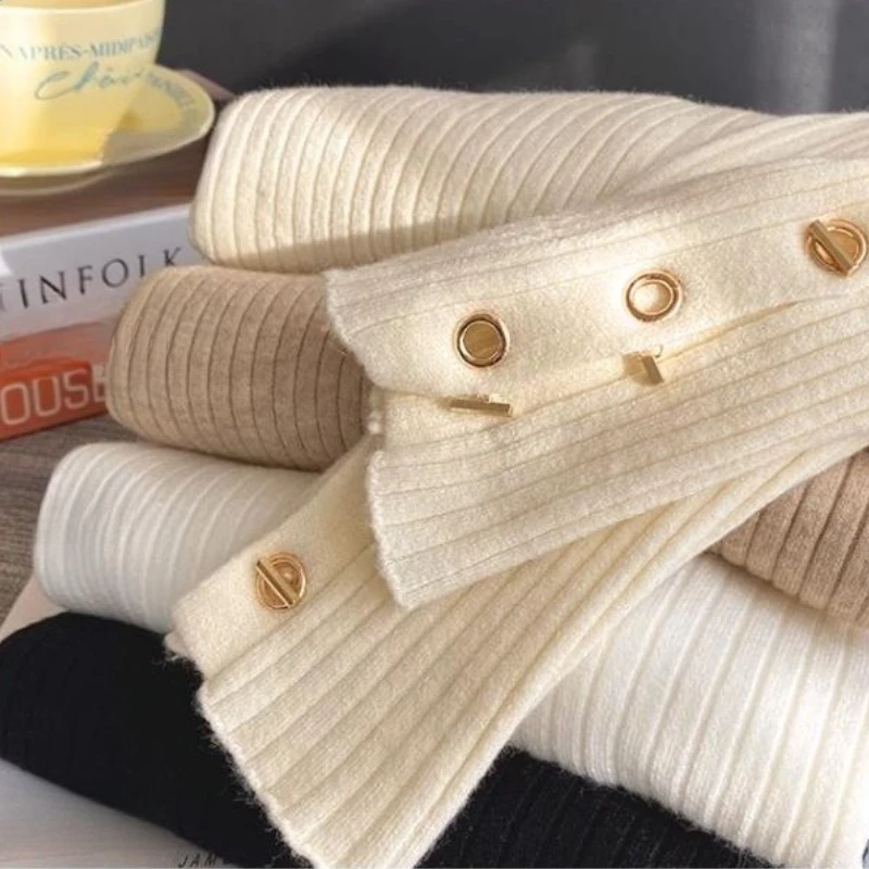 

2025 пуловеры, женские осенне-зимние вязаные тонкие свитера, однотонные пуговицы, свитер с длинным рукавом и полувысоким воротником, женские повседневные топы