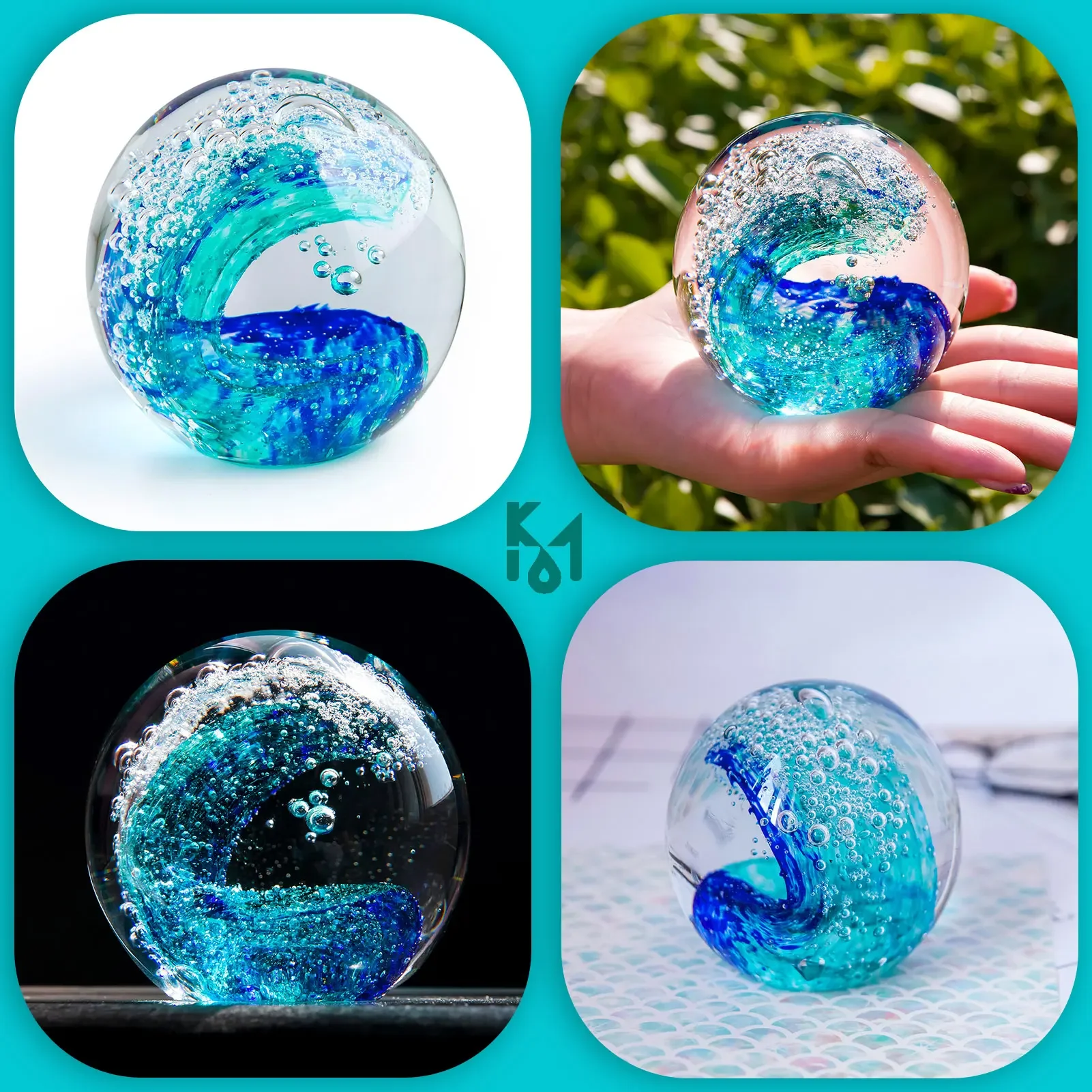 8cm Elegant Oceanic-Style Glass Paperweight with Golden Sand and Blue, Handmade Artistic Ornament, Collectible Souvenir