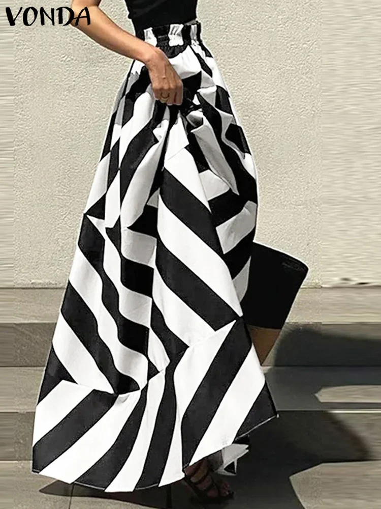 

Плюс размер VONDA, богемные полосатые макси-юбки, лето 2021, большие вечерние юбки с высокой талией, повседневная свободная длинная юбка с эластичной резинкой на талии