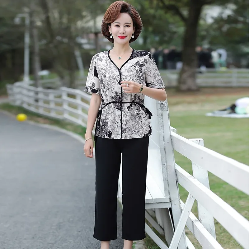 Mother Summer Suits Chiffon Print V Neck Blouse Top Pants Suit Short-Sleeve Elderly Women 2 Piece Women Set