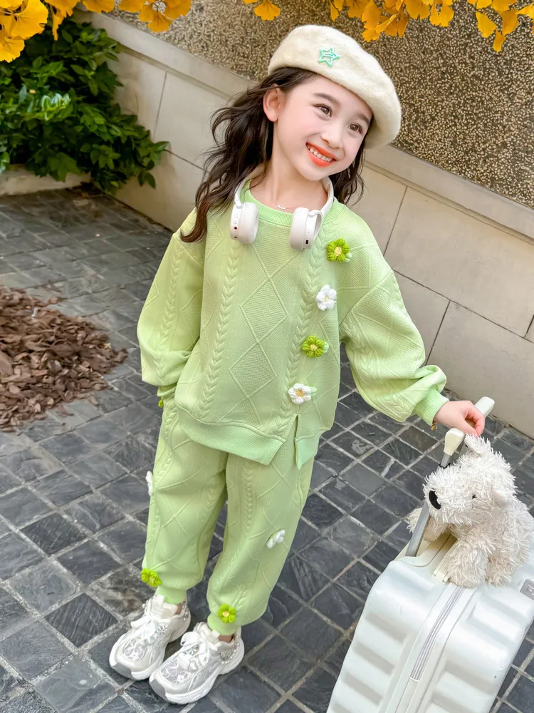 

Girls sweatshirt flower suit spring & fall paragraph2025New Children's Sports Fashionable Two-piece Set Baby Autumn Clothes